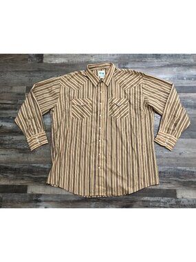 Vtg Vintage KEY Mens 4XL Brown Striped Long Sleeve Pearl Snap Shirt Cotton Blend